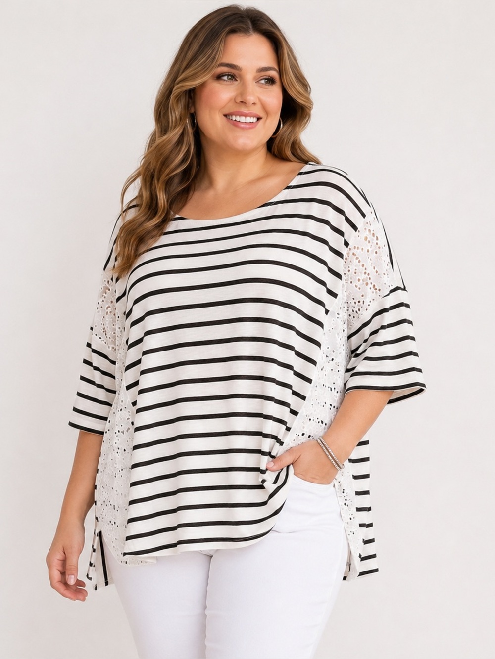 Suzanne Betro 2X Striped Eyelet Tunic Top Coastal Nautical